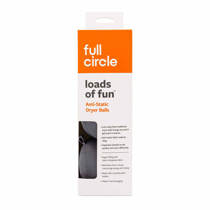 A box of Full Circle loads of fun Anti-Static Dryer Balls with orange and white packaging, product name at the top, features listed on the front, and a window showing gray dryer balls inside.