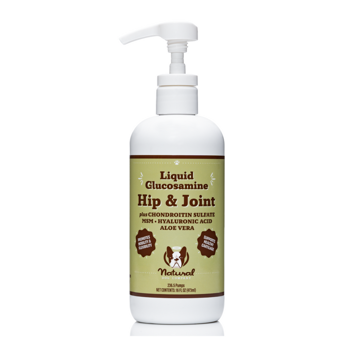A white pump bottle labeled Liquid Glucosamine Hip & Joint for pets, containing chondroitin sulfate, MSM, hyaluronic acid, and aloe vera. The label features dog and cat icons and a green and brown color scheme.