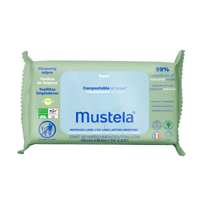 A package of Mustela Cleansing Wipes with a green resealable top, labeled Compostable at home, containing 60 wipes and highlighting 99% natural origin ingredients. Various certification logos are visible.