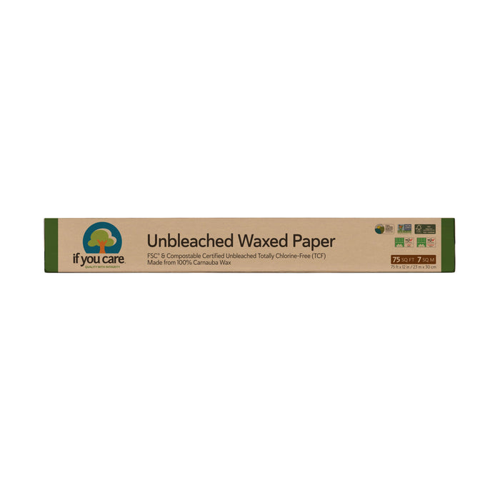 A box of If You Care Unbleached Waxed Paper, FSC and compostable certified, 75 square feet, made from 100% carnauba wax, with eco-friendly labels on a brown and green package.