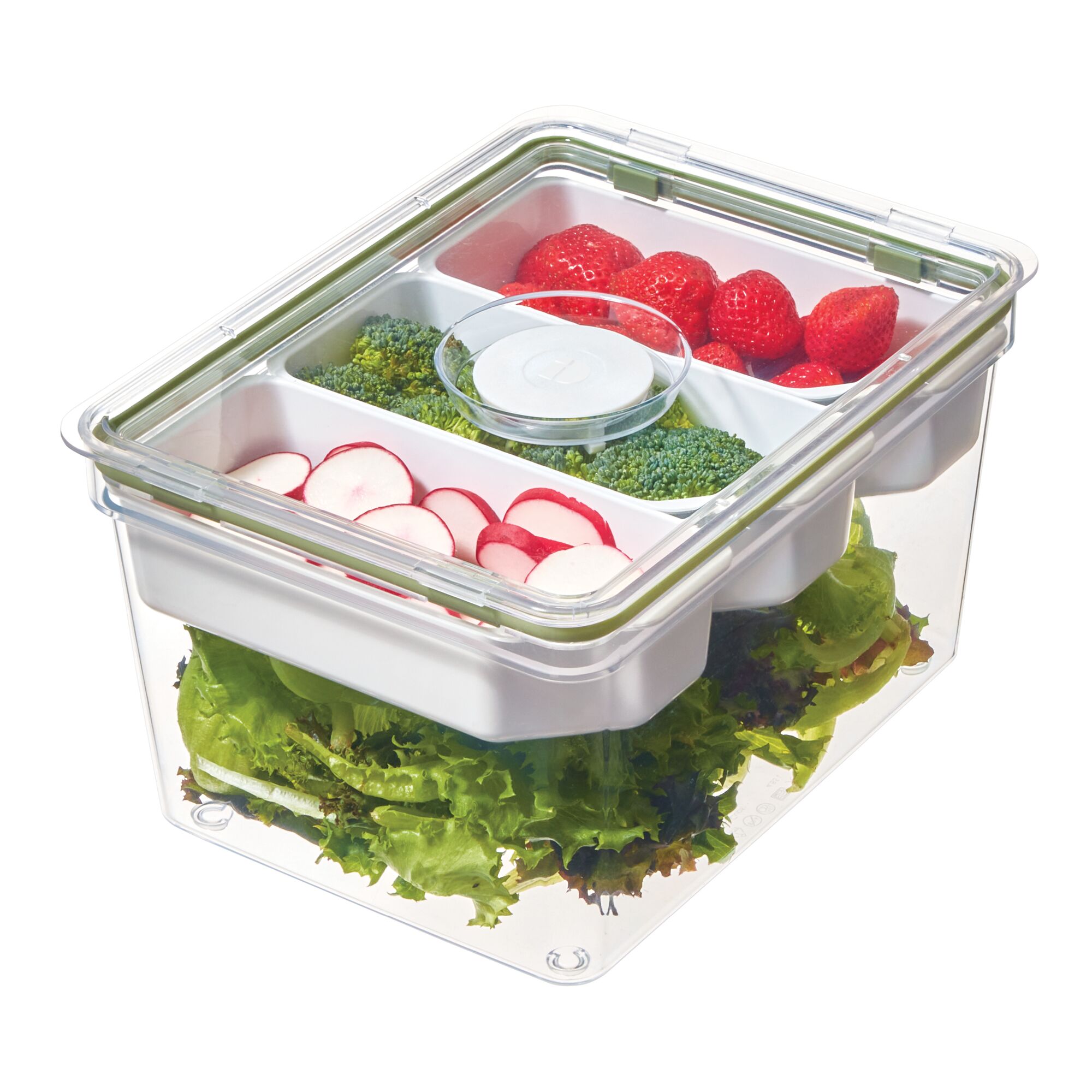 The iDesign Large Produce Bin, crafted from recycled plastic, features three dividers to hold fresh strawberries, broccoli, sliced radishes, and lettuce. Its lid with a built-in air vent ensures optimal freshness for stored produce.