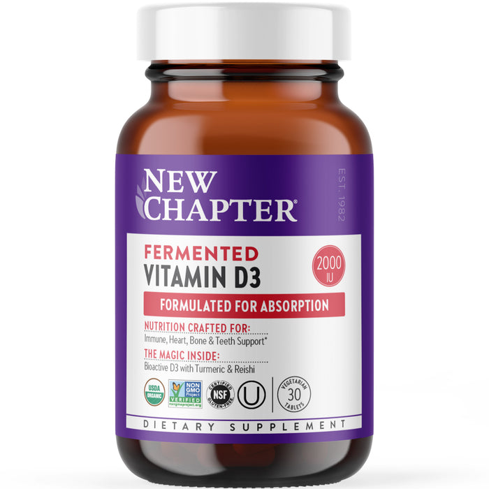 The New Chapter Fermented Vitamin D3 supplement in a brown bottle with a white cap stands out. The label highlights 2000 IU, promoting Formulated for Absorption, immune support, and bone health benefits. Key ingredients are turmeric and reishi, with clear certifications displayed.