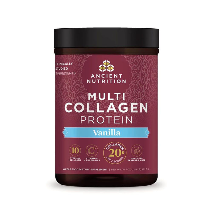 A container of Ancient Nutrition Multi Collagen Protein powder in vanilla flavor, featuring a maroon label with product details, including collagen types, vitamin C, and the net weight of 16.7 oz.