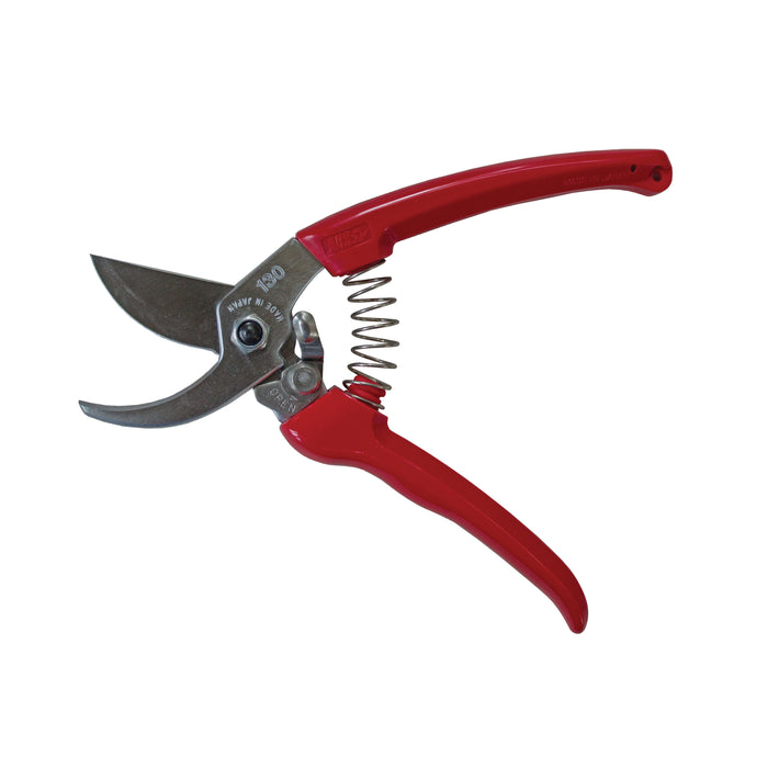 Red-handled pruning shears with a curved metal blade and visible spring mechanism, shown against a white background.