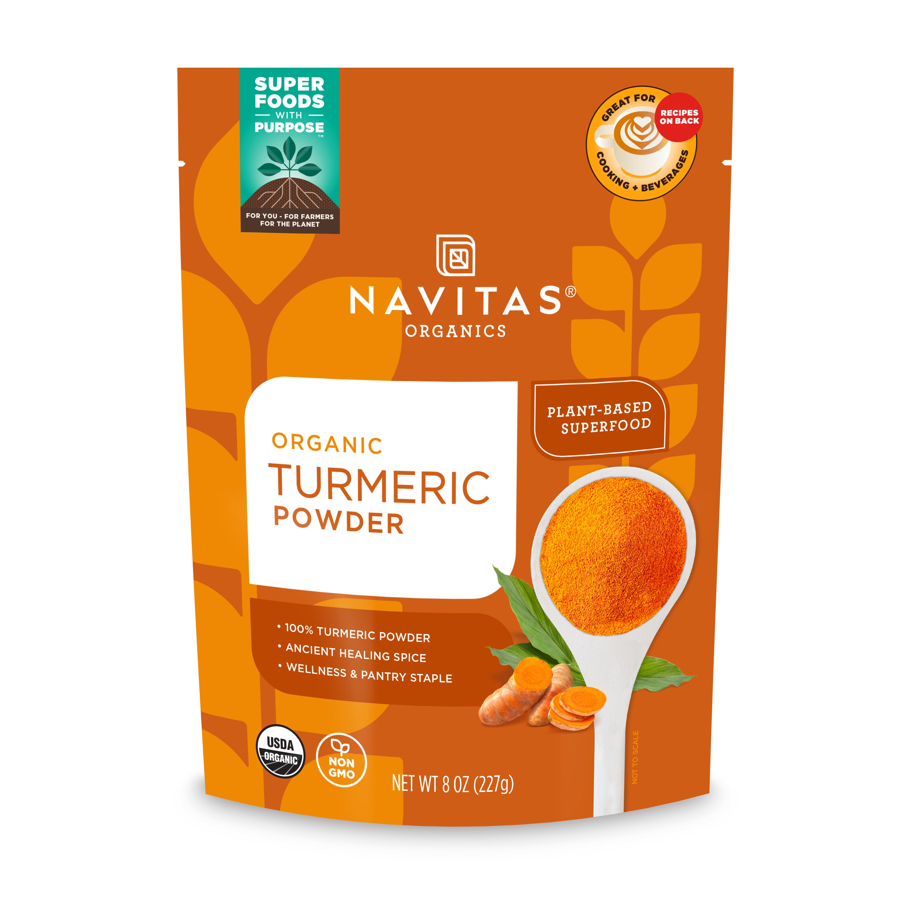 An 8 oz packet of Navitas Organics Organic Turmeric Powder, celebrated for its inflammation-busting properties, features orange packaging with turmeric roots and powder on a spoon. It bears labels like Superfoods with Purpose, USDA Organic, and Non-GMO Project Verified.