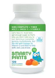 The SmartyPants Kids Multi & Omegas Gummies feature a colorful label with the number 120 and an owl illustration. They include Omega-3, Vitamin D, and fiber, are non-GMO, and clearly state No Added Sugar for quality nutrition.