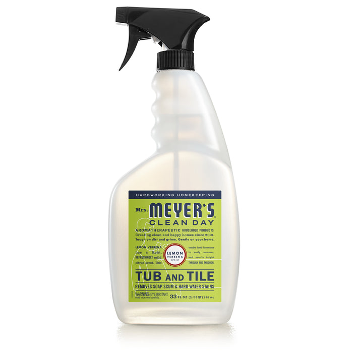 Clear spray bottle of Mrs. Meyer’s Clean Day Tub and Tile Cleaner in Lemon Verbena scent, with a black spray nozzle and yellow-green label detailing product benefits and usage.