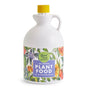 A white 2-liter Good Dirt Plant Food bottle featuring a yellow cap and a label with colorful flowers and leaves offers sustainable, chemical-free nutrients for your garden.