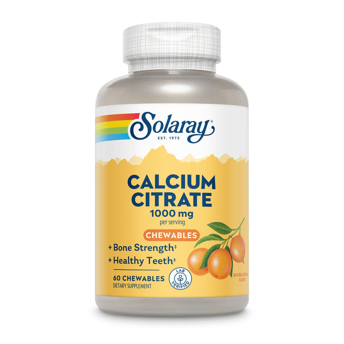 A bottle of Solaray Calcium Citrate 1000 mg chewables, featuring a yellow label with images of oranges, and text highlighting benefits for bone strength and healthy teeth; contains 60 chewable dietary supplements.
