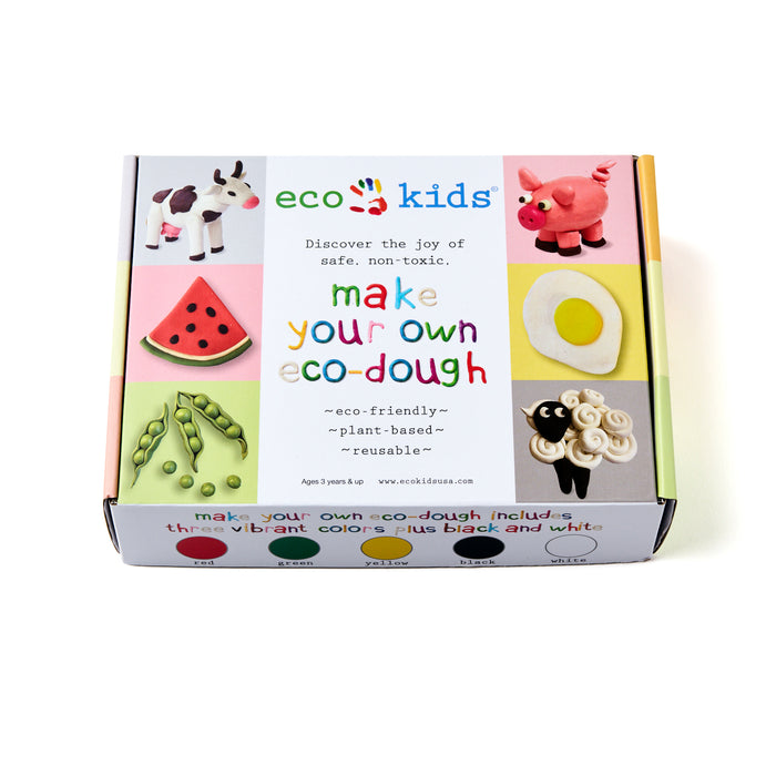 A colorful eco kids make your own eco-dough kit box with animal and food clay figures on the cover. Text highlights that the dough is safe, non-toxic, eco-friendly, plant-based, and reusable.