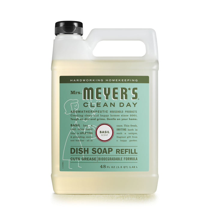 A 48 fl oz bottle of Mrs. Meyers Clean Day Dish Soap Refill in basil scent, featuring a white cap and handle, with green and cream labeling highlighting its aromatherapeutic, biodegradable formula.