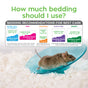 A brown mouse sits on a teal exercise wheel atop carefresh Small Animal Bedding made from reclaimed paper fiber, White. Above, a chart shows bedding depth and habitat size for gerbils, rats, chinchillas, guinea pigs, and rabbits.