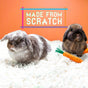 Two rabbits rest on carefresh Small Animal Bedding, made from reclaimed paper fiber in white, with a toy carrot nearby. The orange background and colorful Made from Scratch text complete the scene.
