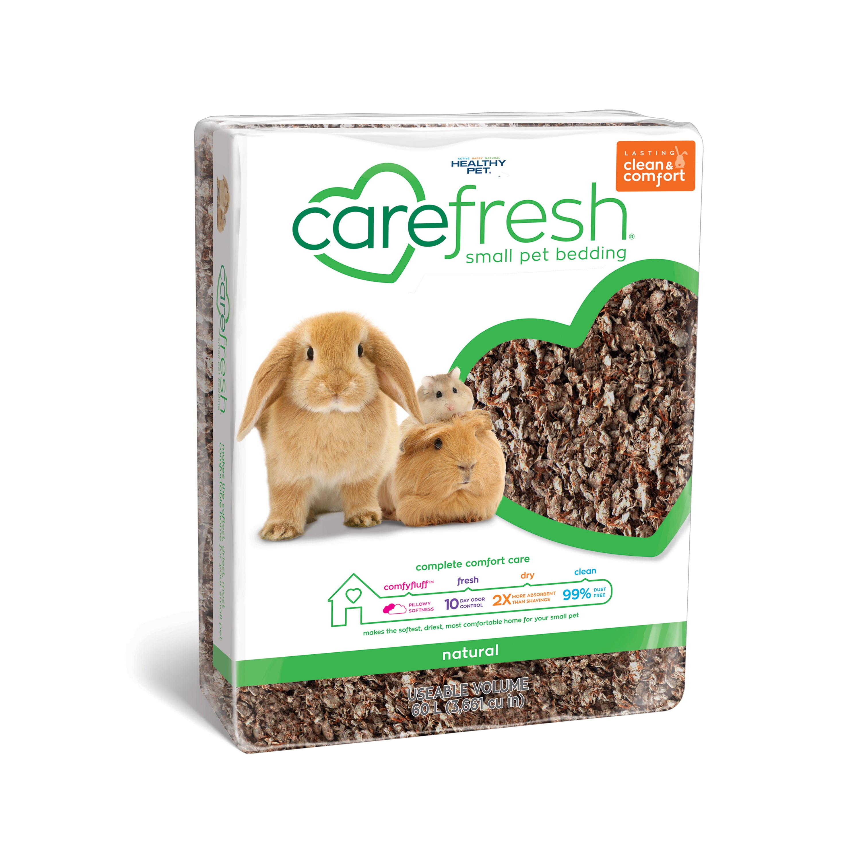 A package of carefresh Small Animal Bedding made from reclaimed paper fiber, Natural, with images of a rabbit and hamster. The partially transparent section displays the bedding and highlights comfort, odor control, and cleanliness.
