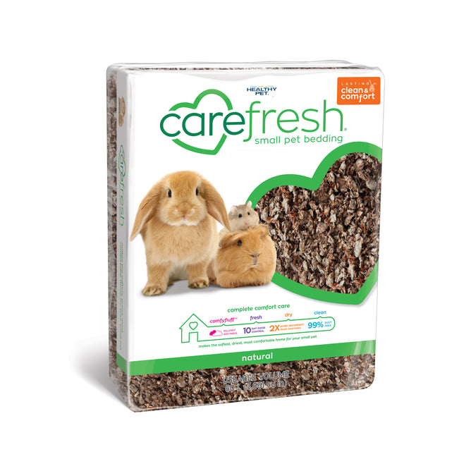 A package of carefresh Small Animal Bedding made from reclaimed paper fiber, Natural, with images of a rabbit and hamster. The partially transparent section displays the bedding and highlights comfort, odor control, and cleanliness.
