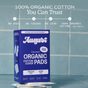 A box of August Night Pads—hypoallergenic and unscented—is shown before blue tiles. Text highlights: 100% organic cotton cover, no dyes, no toxins, no lead, and super comfort.
