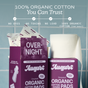 Two open purple August Night Pad boxes show pads inside. Text above states "100% organic cotton you can trust" and highlights benefits like no dyes, toxins, or lead in these super absorbent, hypoallergenic pads.