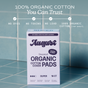 A box of August Night Pads rests on a tiled surface. Text above lists features: hypoallergenic, 100% organic cotton, no dyes, toxins or lead, and super comfort.