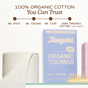 An August Night Pad box sits next to a toilet paper roll and wooden brush. Above, text reads “100% organic cotton you can trust”—with no dyes, toxins, or lead.