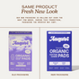 Split image comparing Old Packaging and New Packaging for August Night Pad. Both purple boxes show the updated design, assuring customers it’s still the same super absorbent, hypoallergenic product inside.