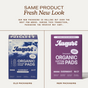 Image comparing August Night Pad packaging: old blue box (left) vs. new purple box (right), with a header, "Same Product, Fresh New Look.