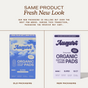 Two boxes of August Night Pad are side by side: the old blue box with clouds and the new white box with dark text, highlighting August's updated Night Pad packaging.