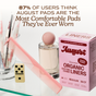 A pink box of August Organic Cotton Panty Liners – Regular sits with a pink comb, domino, round perfume bottle, and straws. Text above says 87% of users find these sustainable liners the most comfortable they’ve ever worn.