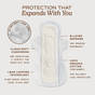 The August Night Pad is shown with labels highlighting its ultra-soft leak lock, cloud-soft cushioning, 8-layer absorbency defense, super absorbent design, and 100% organic cotton for superior leak protection.