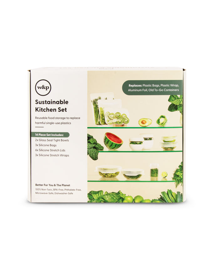 Front of a white box displaying the Sustainable Kitchen Set by W&P, showing images of reusable food storage items with fresh produce, and listing contents and eco-friendly features on the packaging.