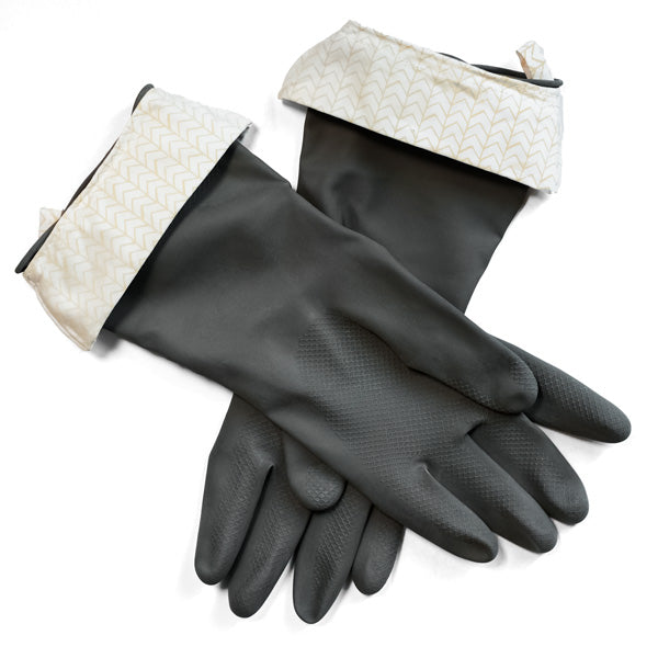 A pair of black rubber gloves with textured palms and cream-colored cuffs featuring a subtle chevron pattern, laid overlapping on a white background.