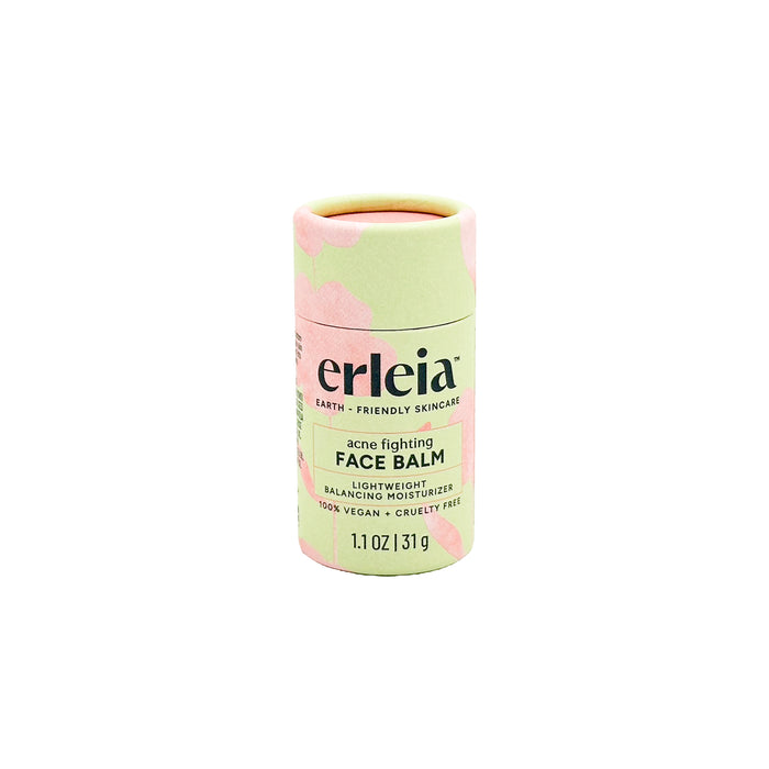 A cylindrical container of Erleia Acne Fighting Face Balm, featuring a pastel green and pink design. The label highlights that it is lightweight, balancing, moisturizing, vegan, and cruelty-free. Size: 1.1 oz (31g).