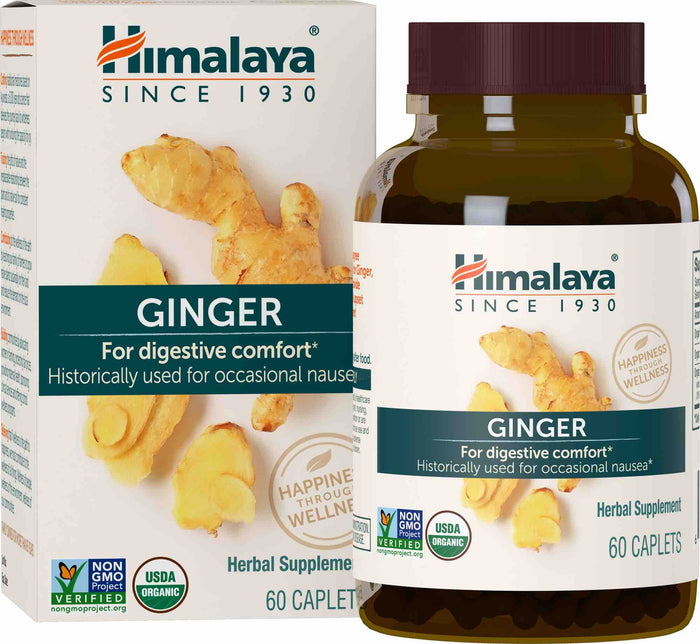 A box and bottle of Himalaya Ginger herbal supplement, labeled for digestive comfort. Packaging features ginger root images and certifications like Non-GMO, USDA Organic, and 60 caplets per container.
