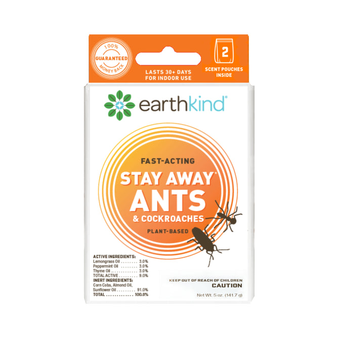 Front of an EarthKind Stay Away Ants & Cockroaches plant-based repellent box, showing product name, insect illustrations, and key features like fast-acting, 2 pouches inside, and 30+ days protection.