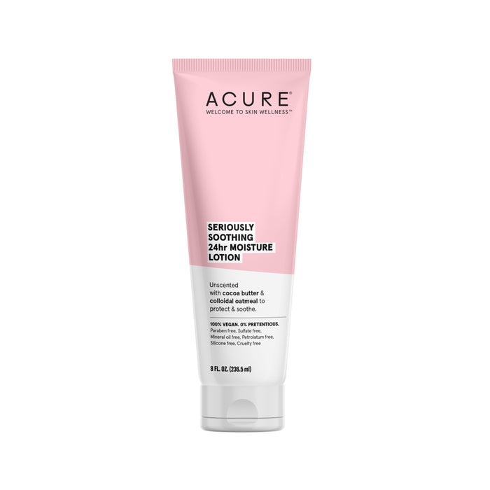 A pink and white tube of ACURE Seriously Soothing 24hr Moisture Lotion, labeled as unscented with cocoa butter and colloidal oatmeal; 8 fl oz (236.5 mL).