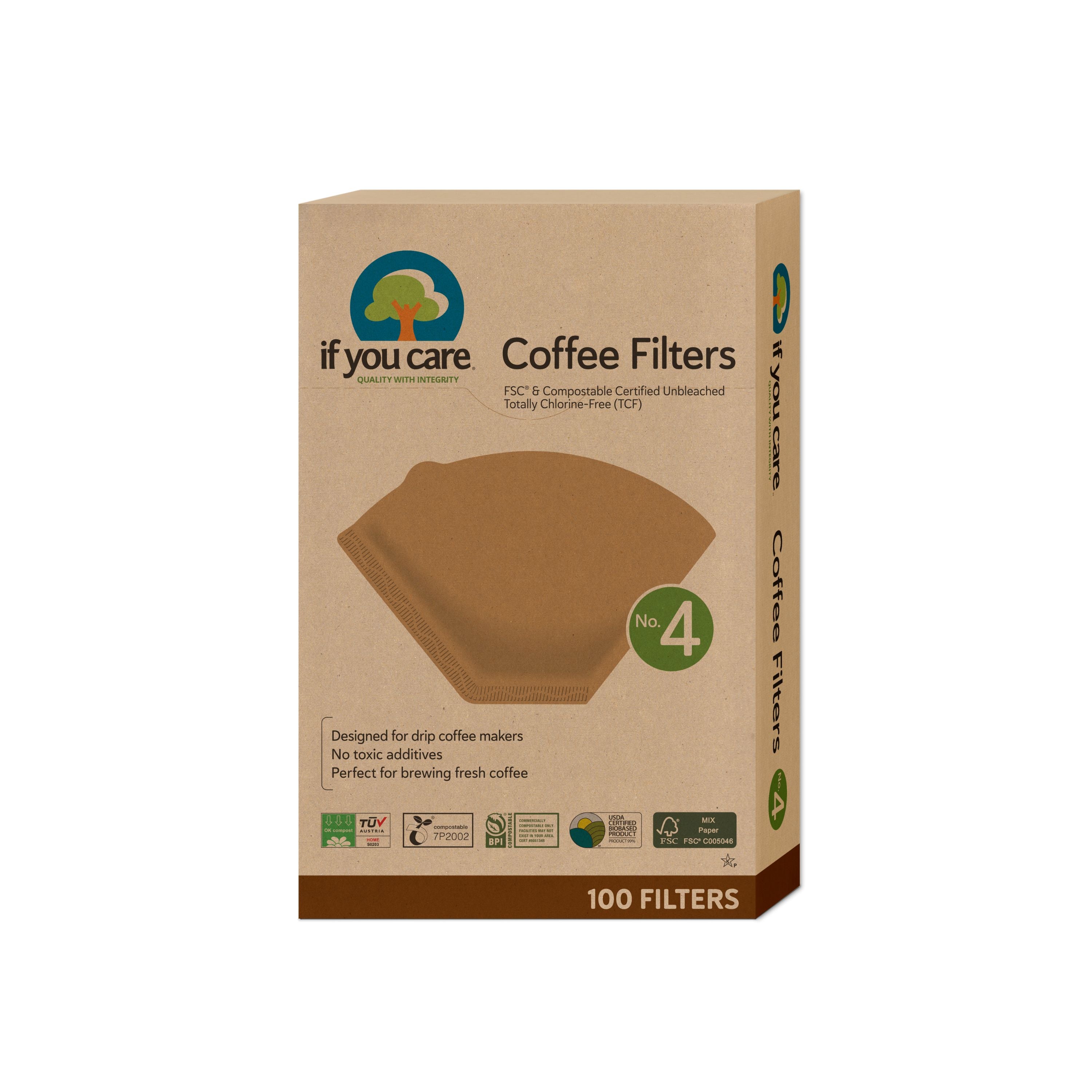 If You Cares compostable Coffee Filters - Cone are unbleached, eco-friendly, and free of toxic additives. Designed for drip coffee makers, these No. 4 filters come with environmental certifications and include 100 filters per pack.