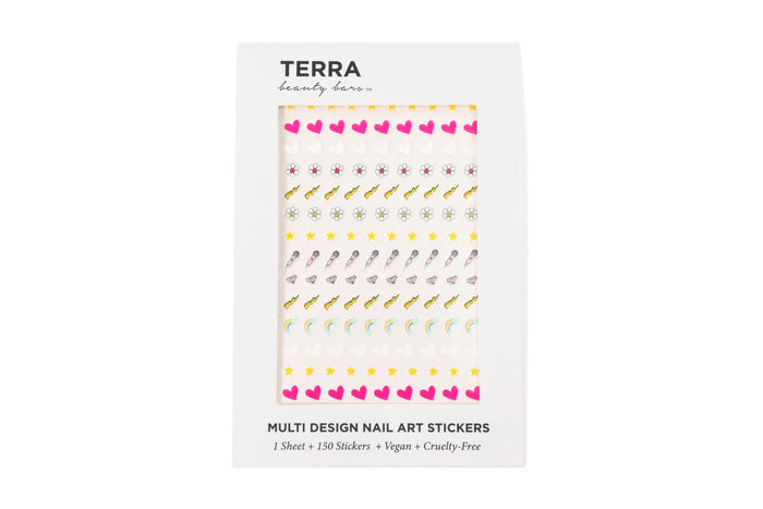 A white package labeled TERRA beauty bars displaying multi design nail art stickers, including hearts, stars, gems, lightning bolts, moons, rainbows, and clouds, in various colors and patterns.