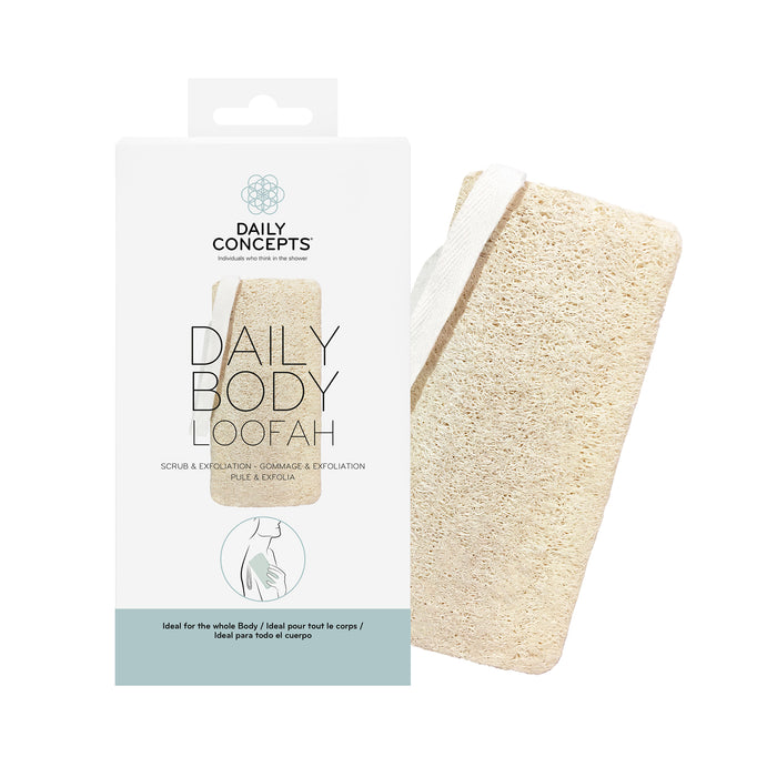 A rectangular Daily Body Loofah by Daily Concepts is shown next to its white packaging, which includes product information and a cutout window displaying part of the loofah with an attached white hanging loop.