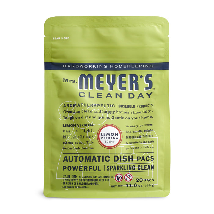 A green pouch of Mrs. Meyer’s Clean Day Automatic Dish Pacs, Lemon Verbena scent. The packaging highlights its aromatic and powerful cleaning capabilities, with 20 pacs and detailed text about its features.