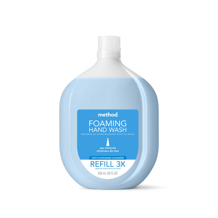 A bottle of Method Foaming Hand Wash refill in sea minerals scent. The container is light blue with a white cap and label, stating it is an 828 mL (28 fl oz) refill size for hand wash.