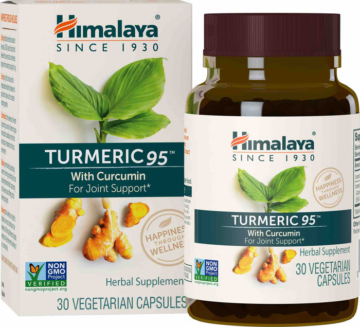 A box and bottle of Himalaya Turmeric 95 vegetarian capsules, featuring turmeric root images, green leaves, and labels highlighting curcumin for joint support, non-GMO certification, and 30 capsules per package.