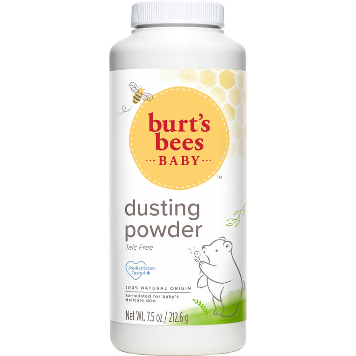 A bottle of Burt’s Bees Baby Dusting Powder, talc-free, with a yellow bee and honeycomb design on the label and an illustration of a bear. The bottle contains 7.5 oz (212.6g) and is pediatrician tested.
