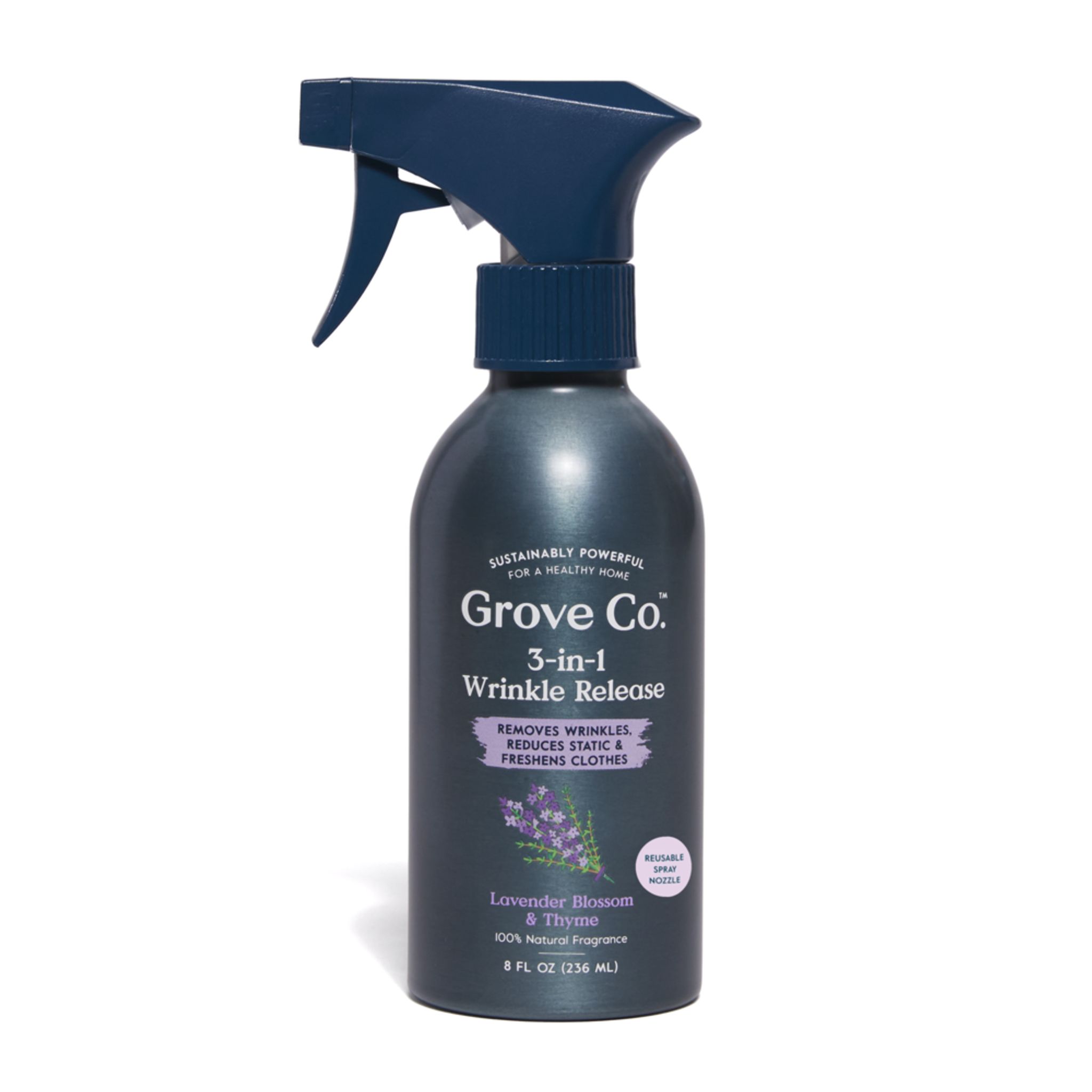 The Grove Co. 3-in-1 Wrinkle Release is a dark blue 8 fl oz spray bottle with Lavender Blossom & Thyme fragrance that removes wrinkles, reduces static, and freshens clothes—all while being eco-friendly.