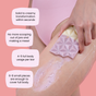 A person in a pink bodysuit rubs a textured bar on their thigh, creating a creamy layer. Text bubbles highlight the bar’s quick transformation, mess-free use, 4–5 uses per bar, and effective coverage with small pieces.