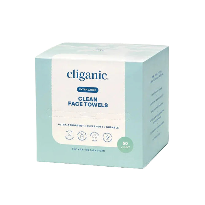 Box of Cliganic Clean Face Towel XL - Ultra Absorbent & Durable, 50 count. The packaging features a light blue and white design with product details printed on the front. These hypoallergenic facial towels from Cliganic are perfect for your skincare routine, providing a gentle and convenient disposable option.