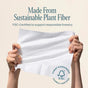 Two hands hold a textured white paper towel. Text above reads, Made From Sustainable Plant Fiber, with smaller text about FSC certification and a certification logo at the bottom right. Perfect for your skincare routine, Cliganic Clean Face Towel XL - Ultra Absorbent & Durable offers hypoallergenic, gentle care while being kind to the planet.