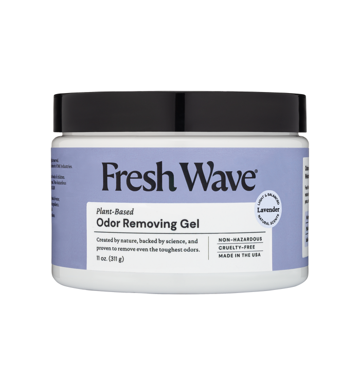 A white plastic jar of Fresh Wave Odor Removing Gel, labeled as plant-based and lavender scented. The label highlights that it is non-hazardous, cruelty-free, and made in the USA.