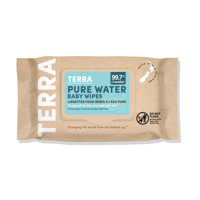 A tan package of Terra Baby Wipes - Pure New Zealand Water has a teal label stating 99.7% water. Ideal for sensitive skin, crafted in Belgium with eco-friendly bamboo fiber, these wipes should not be flushed and use pure New Zealand water.