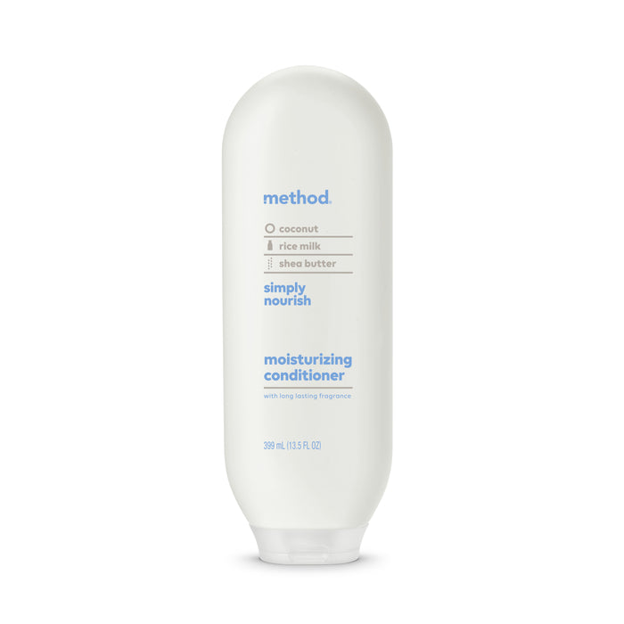 The method Simply Nourish Shampoo, Conditioner & Body Wash Starter Set comes in a white bottle with blue and gray text, infused with coconut, rice milk, and shea butter. The nourishing formula pairs perfectly with your favorite shampoo.