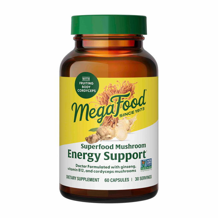 A brown bottle of MegaFood Superfood Mushroom Energy Support dietary supplement, containing 60 capsules. The label highlights ingredients like ginseng, vitamin B12, and cordyceps mushrooms.