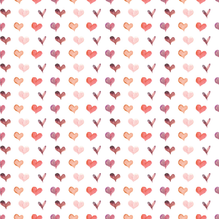 A seamless pattern of watercolor hearts in shades of pink, red, and purple on a white background, evenly spaced in diagonal rows.